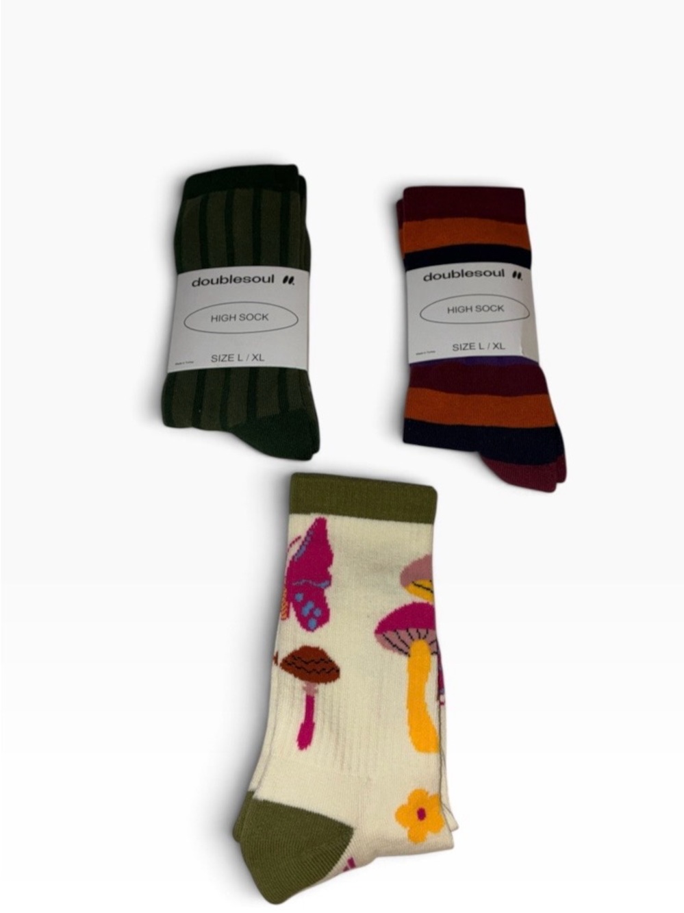 Doublesoul Socks -set of 3 Olive Green, Multicolor & Cream Pattern - Sz L/XL